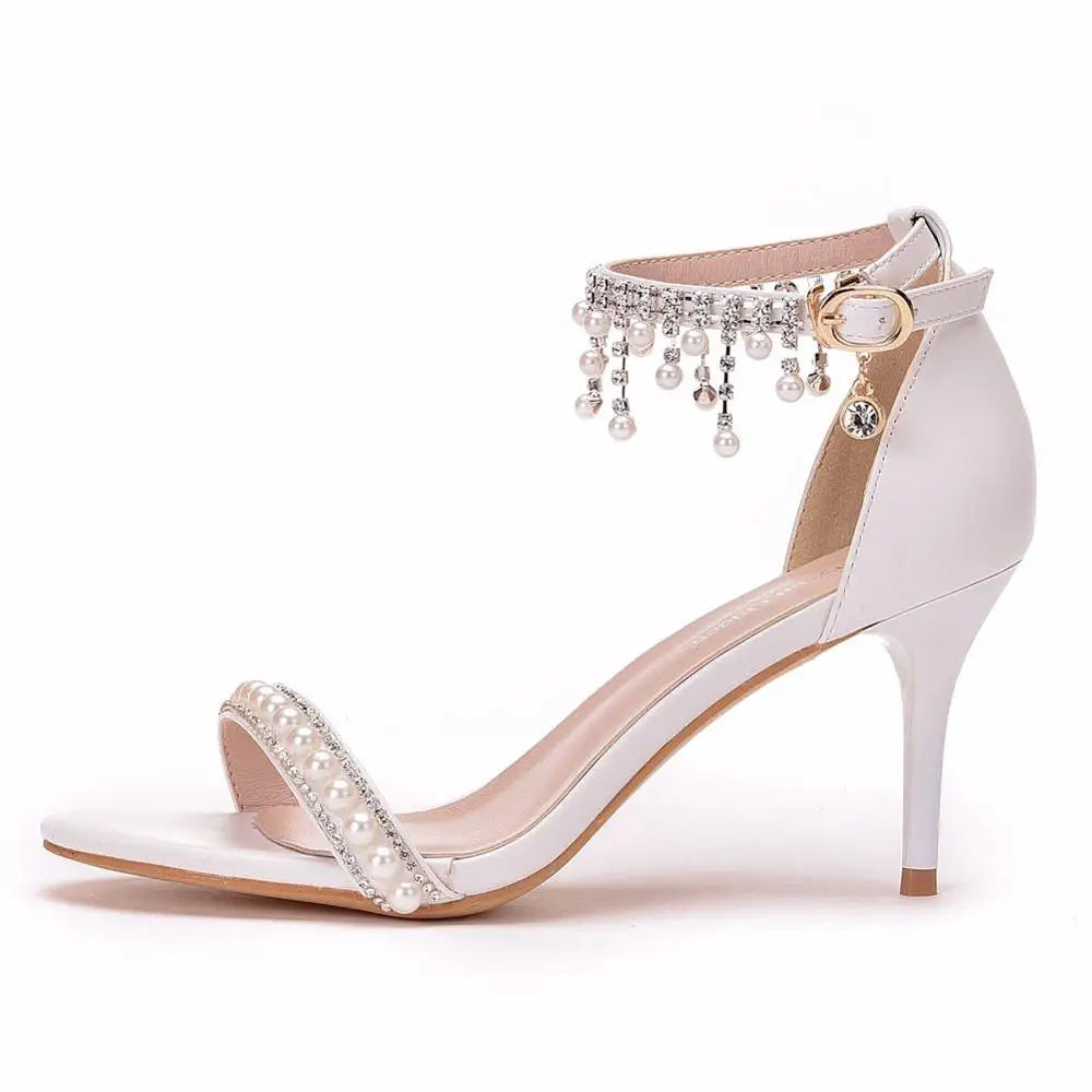 LBSFY  -  Fashion Women Sandals High Heels Pearl Pumps Open-toed Stiletto Sexy Ankle Strap Party Shoes