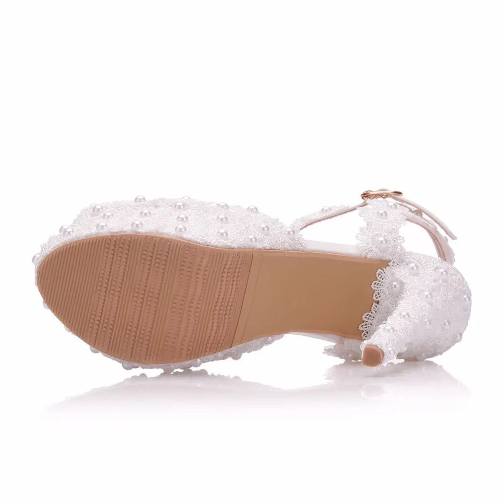 LBSFY  -   White Lace Flower Wedding Shoes Slip On Bridal Sandals High Heel Women Pumps Shallow Round Toe