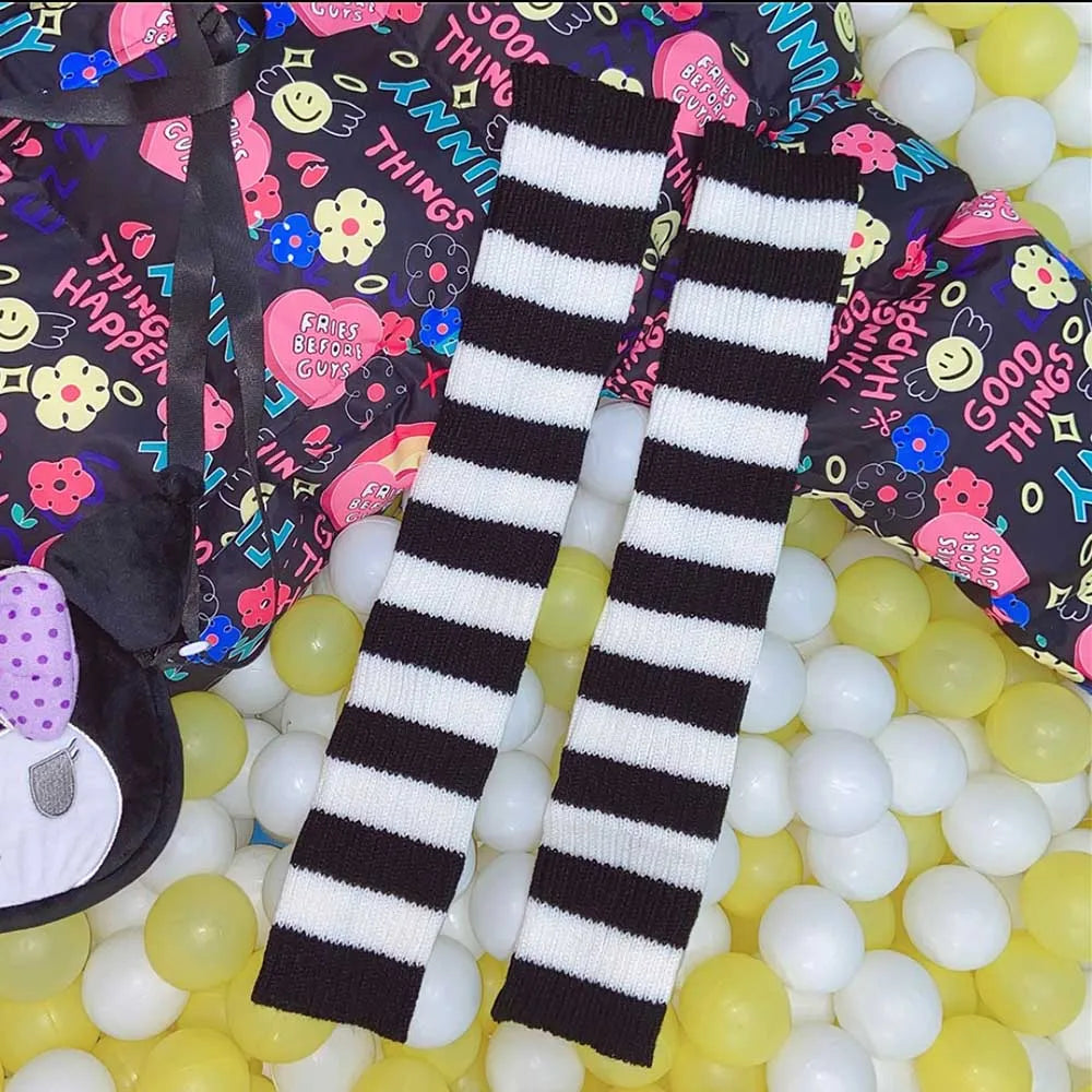Lbsfy Y2K E-girl Goth Striped Women Leg Warmers 2000s Lady Cute Jk Stretch Knee-length Cool Hipster Warm Knit Sock Fashion Socks