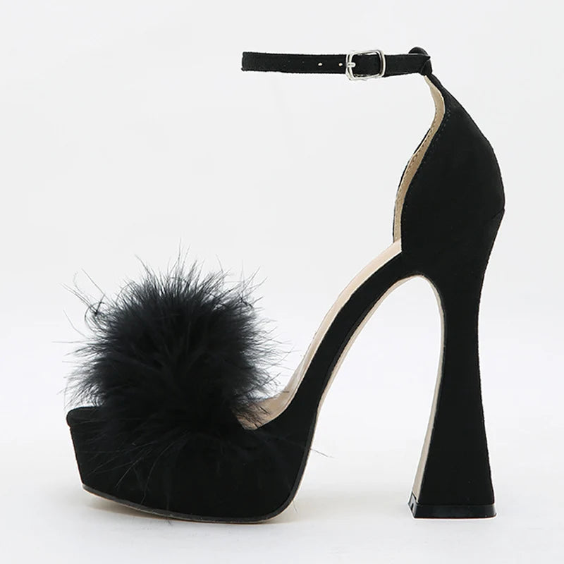 LBSFY  -Fashion Pink Feather Fluffy High Heels Platform Sandals Women Peep Toe Ankle Buckle Strap Elegant Wedding Dress Shoes Sandalias