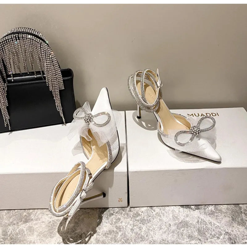 LBSFY  -  Brand Fashion Big Bowknot Women Pumps Luxury Crystal Satin High heels Party Prom Shoes Ankle Strap Summer Wedding Bridal Shoes