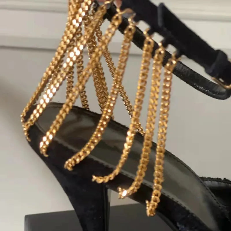 LBSFY  -  Star style Fashion Metal Chains Women Pumps Elegant Pointed toe Ankle Strap High heels Spring Summer Female Party Dress Shoes