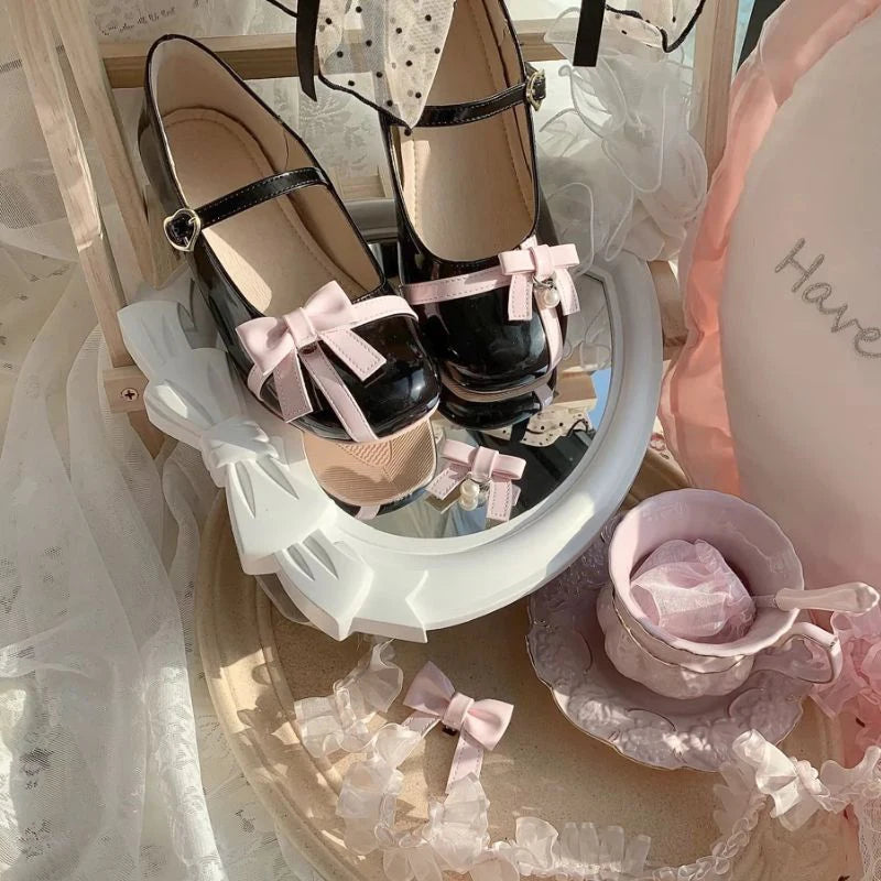 LBSFY  - Kawaii Sweet Lolita Shoes Round Head Mid Heel Cute Pu Leather Anime Sweet Harajuku Bow Princess Tea Party Women Dress Shoe