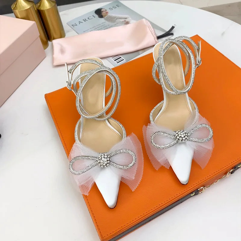 LBSFY  -  Brand Fashion Big Bowknot Women Pumps Luxury Crystal Satin High heels Party Prom Shoes Ankle Strap Summer Wedding Bridal Shoes