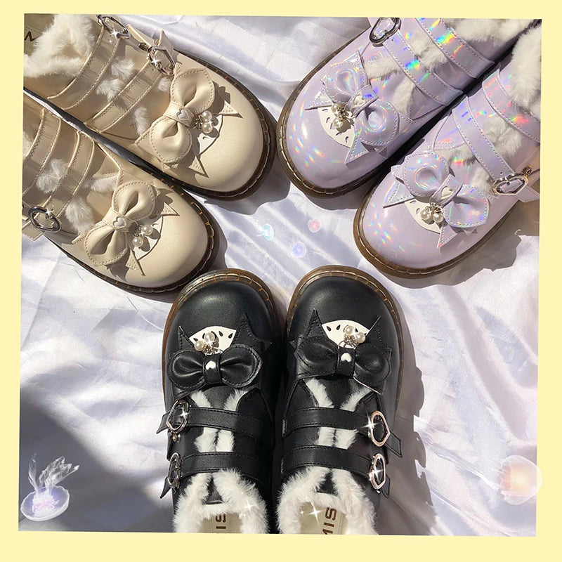 LBSFY  -  Jk School Sweet Student Lolita Shoes Vintage Round Head Plus Velvet Women Shoes Cute Bowknot Warm Kawaii Shoes Loli Boots
