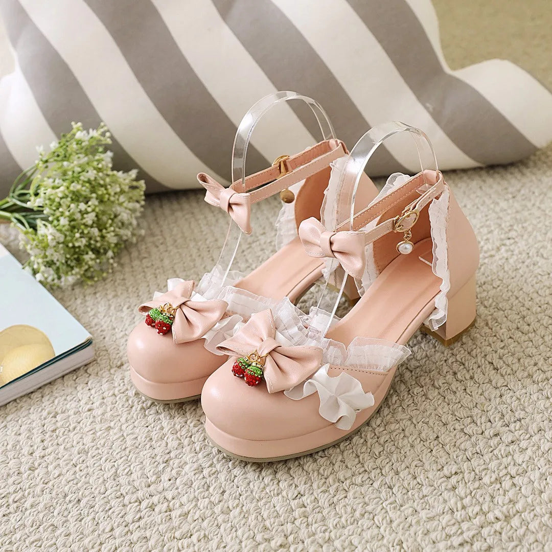 LBSFY  - Women Fashion Sweet Bowknot Lolita Shoes Block Heels Strawberry Ankle Strap Platform Lace Ruffles Maid Mary Jane Pumps Size 45