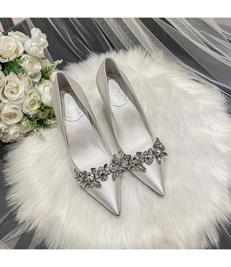 LBSFY  -  Size 31-43 Women White Wedding Shoes Crystal Bride Shoes Champagne Color Bridesmaid Shoes Rhinestone Stiletto