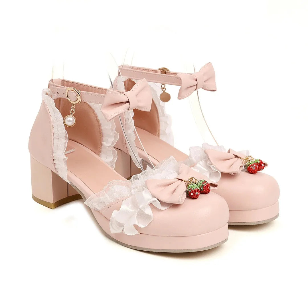 LBSFY  - Women Fashion Sweet Bowknot Lolita Shoes Block Heels Strawberry Ankle Strap Platform Lace Ruffles Maid Mary Jane Pumps Size 45