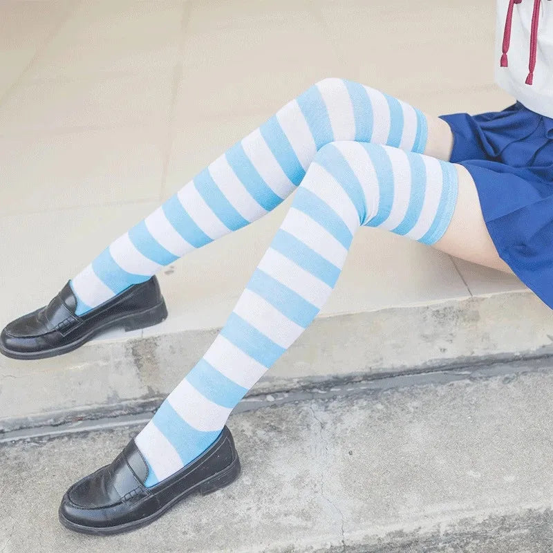 Lbsfy Black Pink Blue Lolita Striped Stockings For Women Lovely School Girls Knee High Long Stockings Cosplay Anime Student Socks