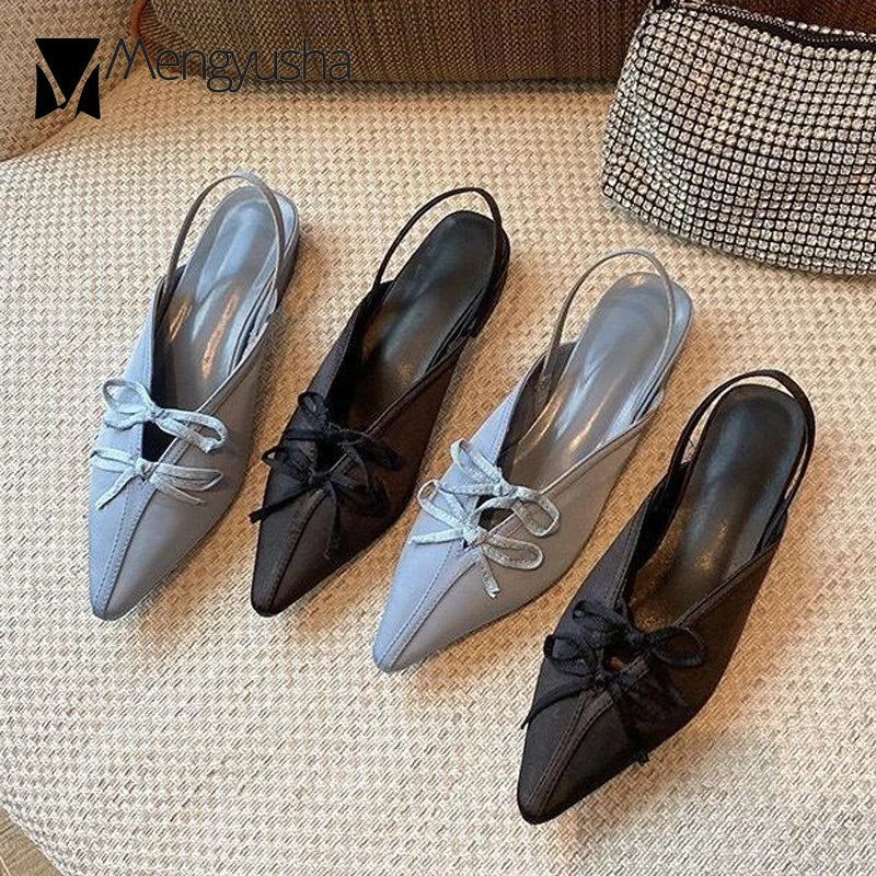 LBSFY  -  Double Bowtie Silk Slingback Sandals Women Slides Elegant V-Open Shoes Summer Elatic Back Strap Low Heels Mules Ladies Flipflops