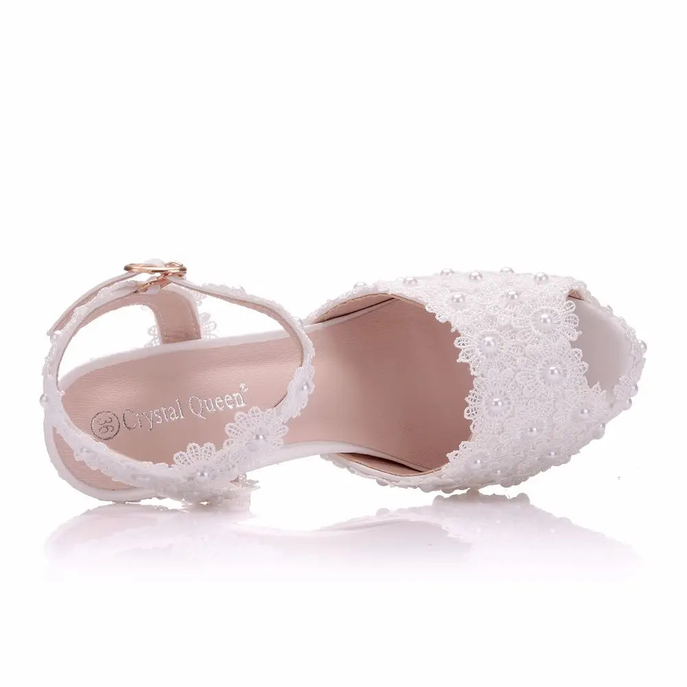 LBSFY  -   White Lace Flower Wedding Shoes Slip On Bridal Sandals High Heel Women Pumps Shallow Round Toe