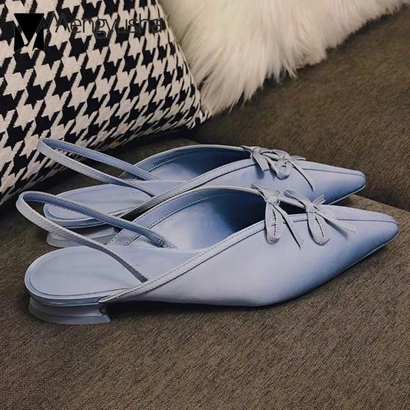 LBSFY  -  Double Bowtie Silk Slingback Sandals Women Slides Elegant V-Open Shoes Summer Elatic Back Strap Low Heels Mules Ladies Flipflops