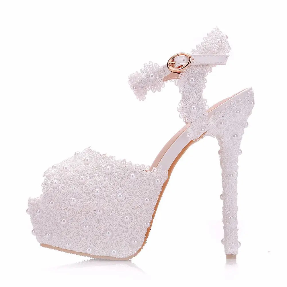 LBSFY  -   White Lace Flower Wedding Shoes Slip On Bridal Sandals High Heel Women Pumps Shallow Round Toe