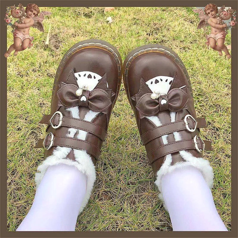 LBSFY  -  Jk School Sweet Student Lolita Shoes Vintage Round Head Plus Velvet Women Shoes Cute Bowknot Warm Kawaii Shoes Loli Boots