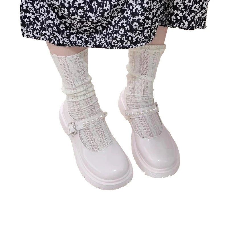 LBSFY  -  White Black Mary Jane Pearl Anime Cosplay Gothic French Retro High Heel Kawaii Lolita Summer Jk Uniform Wedge Women's Shoes