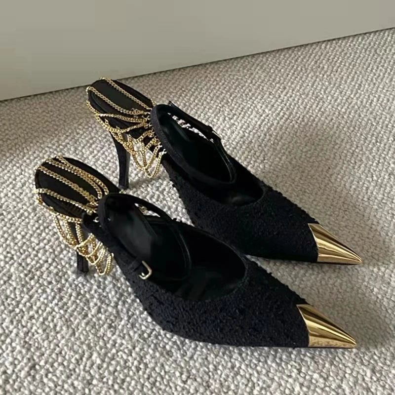 LBSFY  -  Star style Fashion Metal Chains Women Pumps Elegant Pointed toe Ankle Strap High heels Spring Summer Female Party Dress Shoes