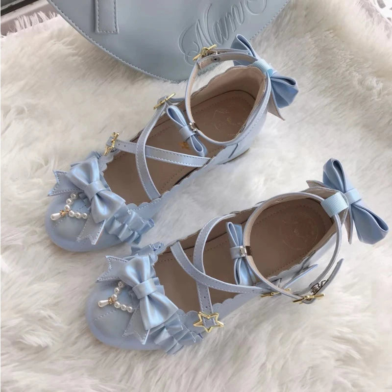 LBSFY  -Pearl Star Buckle Lolita Shoes Middle Heel Round Toe Lace Student Jk Uniform Tea Party Luxury Fashion Kawaii Lolita Women Shoe