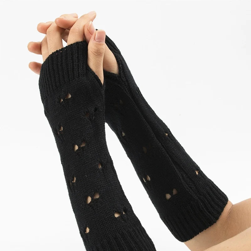 Lbsfy New Warmer Winter Women Gloves Stylish Hand Gloves Girl Arm Crochet Knitting Hollow Heart Mitten Warm Fingerless Gloves