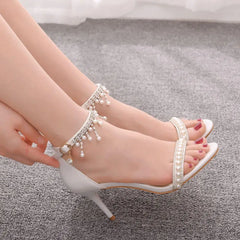 LBSFY  -  Fashion Women Sandals High Heels Pearl Pumps Open-toed Stiletto Sexy Ankle Strap Party Shoes