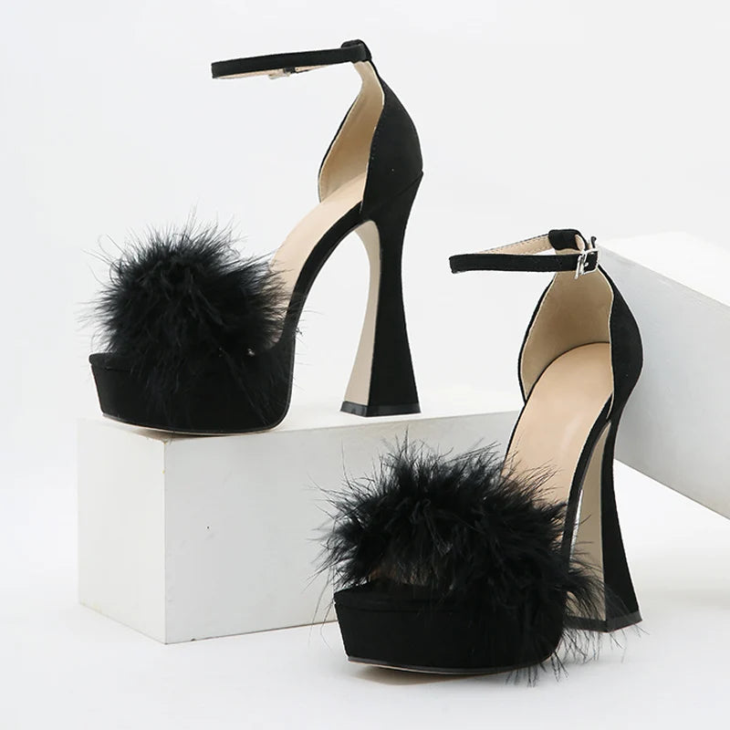 LBSFY  -Fashion Pink Feather Fluffy High Heels Platform Sandals Women Peep Toe Ankle Buckle Strap Elegant Wedding Dress Shoes Sandalias