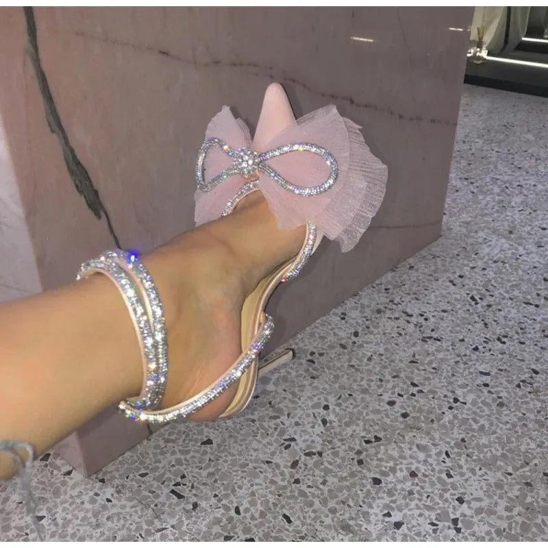 LBSFY  -  Brand Fashion Big Bowknot Women Pumps Luxury Crystal Satin High heels Party Prom Shoes Ankle Strap Summer Wedding Bridal Shoes