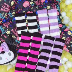 Lbsfy Y2K E-girl Goth Striped Women Leg Warmers 2000s Lady Cute Jk Stretch Knee-length Cool Hipster Warm Knit Sock Fashion Socks