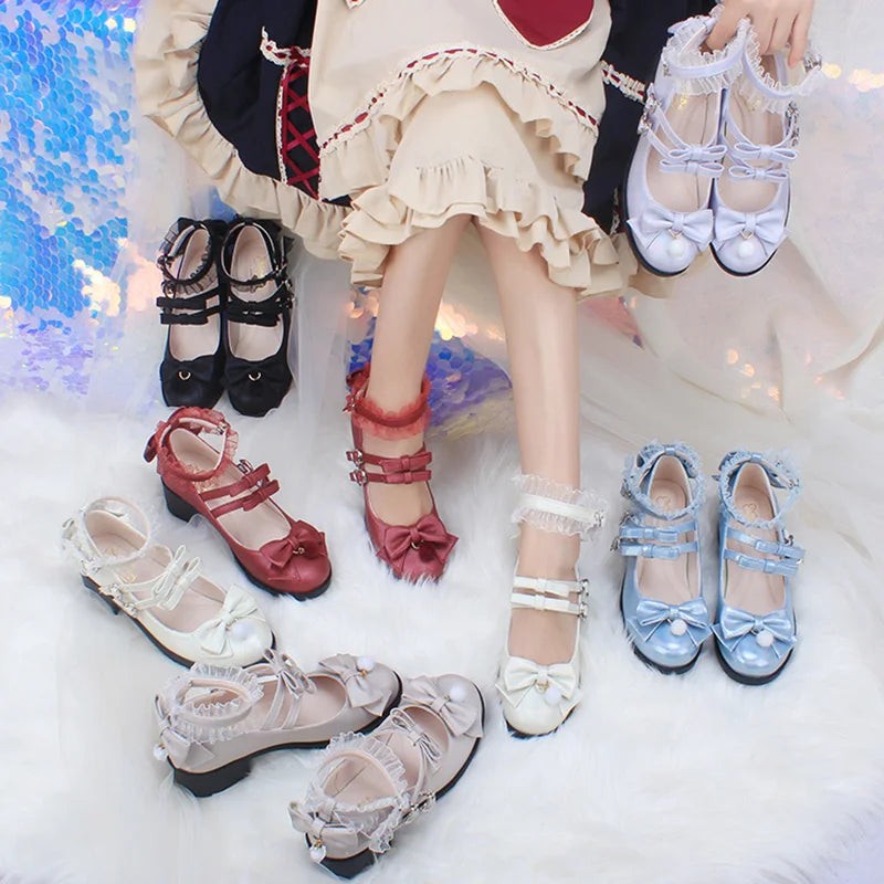 LBSFY  -  Anime Fashion Japanese Sweet Lace Lolita Shoes Round Toe Mid Heel 4cm Kawaii Loli Cosplay Female Shoe Laser Color Double Bowknot