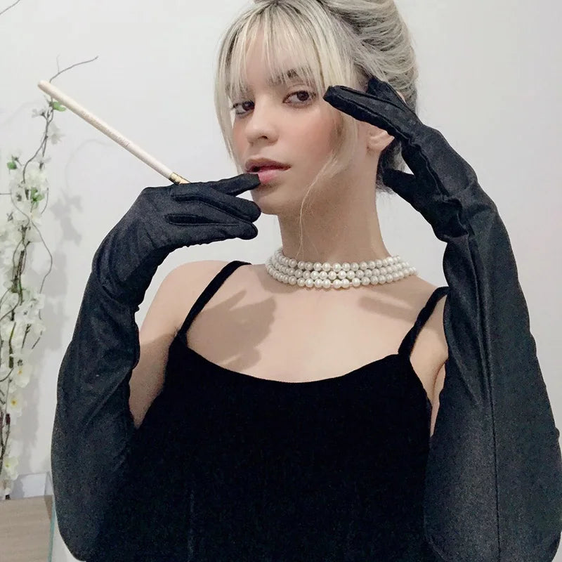 Lbsfy New Classic Adult Black White Red Skin Opera/Elbow/Wrist Stretch Satin Finger Long Gloves Women Flapper Gloves Matching Costume