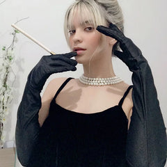 Lbsfy New Classic Adult Black White Red Skin Opera/Elbow/Wrist Stretch Satin Finger Long Gloves Women Flapper Gloves Matching Costume