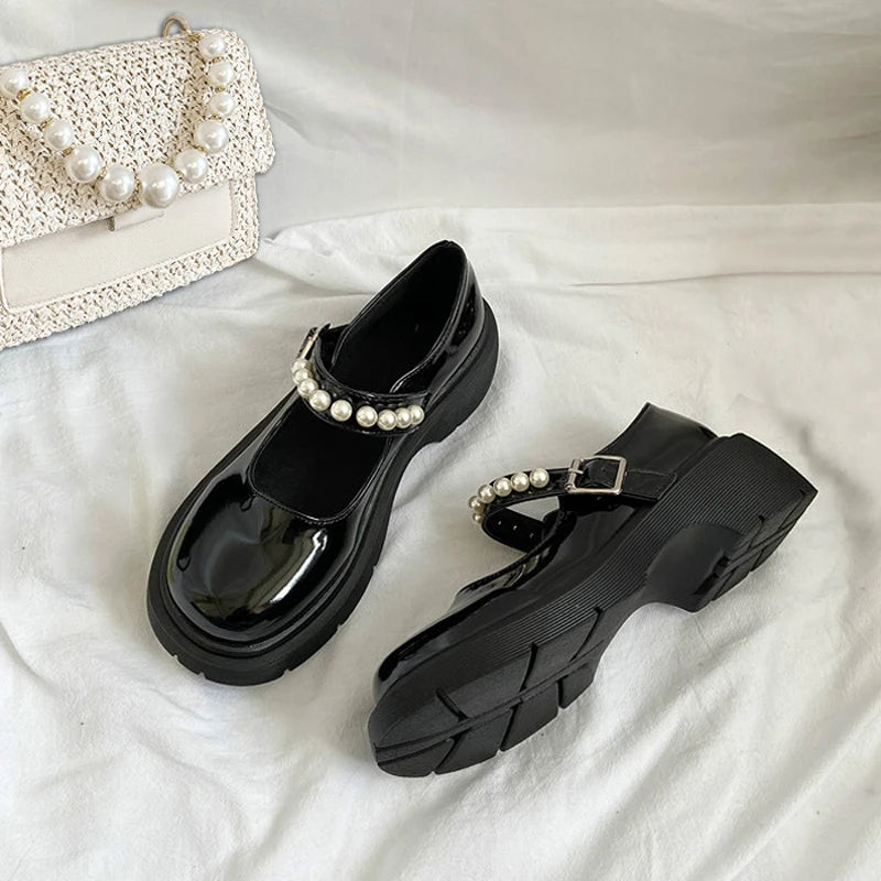 LBSFY  -  White Black Mary Jane Pearl Anime Cosplay Gothic French Retro High Heel Kawaii Lolita Summer Jk Uniform Wedge Women's Shoes