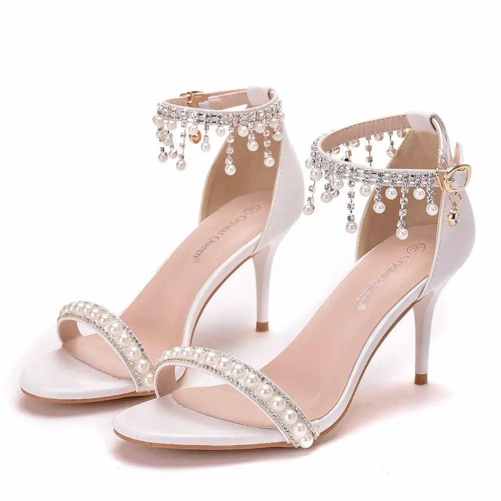 LBSFY  -  Fashion Women Sandals High Heels Pearl Pumps Open-toed Stiletto Sexy Ankle Strap Party Shoes