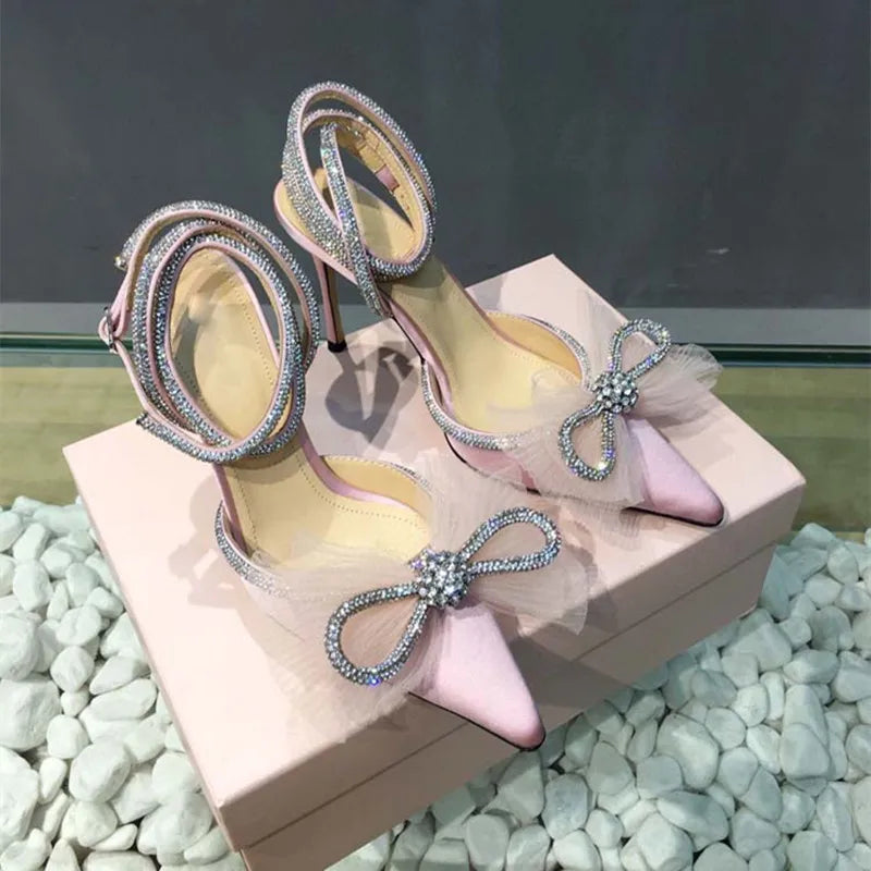 LBSFY  -  Brand Fashion Big Bowknot Women Pumps Luxury Crystal Satin High heels Party Prom Shoes Ankle Strap Summer Wedding Bridal Shoes