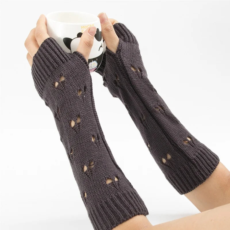 Lbsfy New Warmer Winter Women Gloves Stylish Hand Gloves Girl Arm Crochet Knitting Hollow Heart Mitten Warm Fingerless Gloves