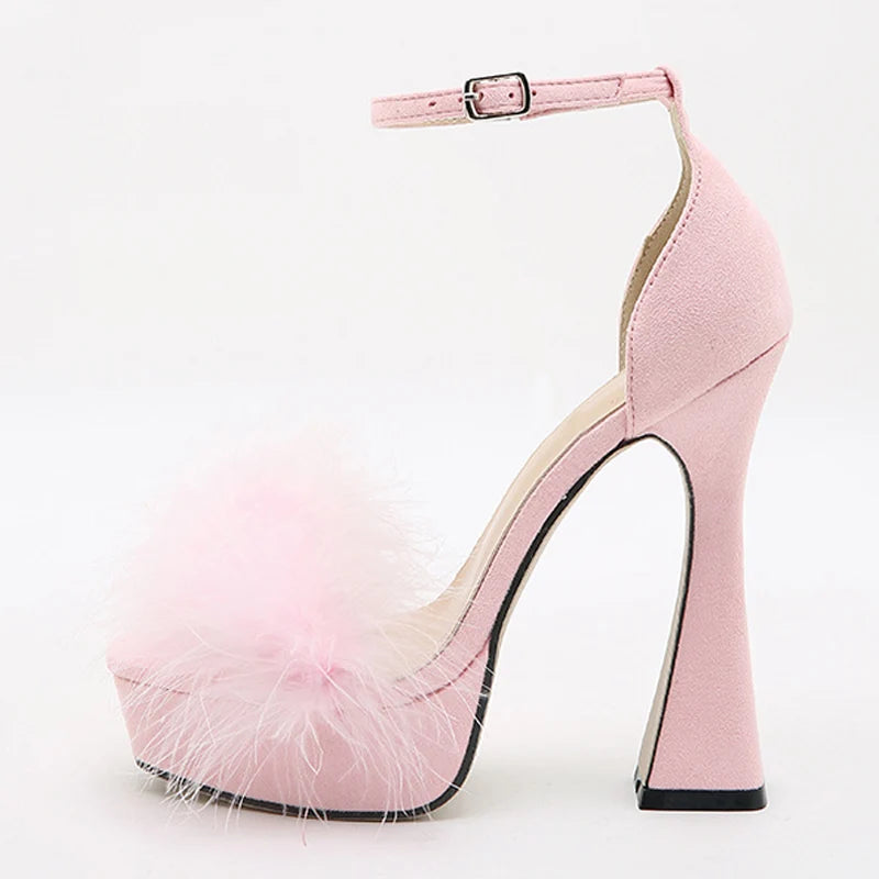 LBSFY  -Fashion Pink Feather Fluffy High Heels Platform Sandals Women Peep Toe Ankle Buckle Strap Elegant Wedding Dress Shoes Sandalias