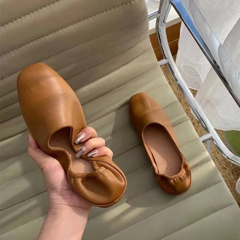 LBSFY -Women Flats New Ballerinas Soft Leather Moccasins Slip On Retro Grandma Shoes  Ladies mules slippers Spring Summer
