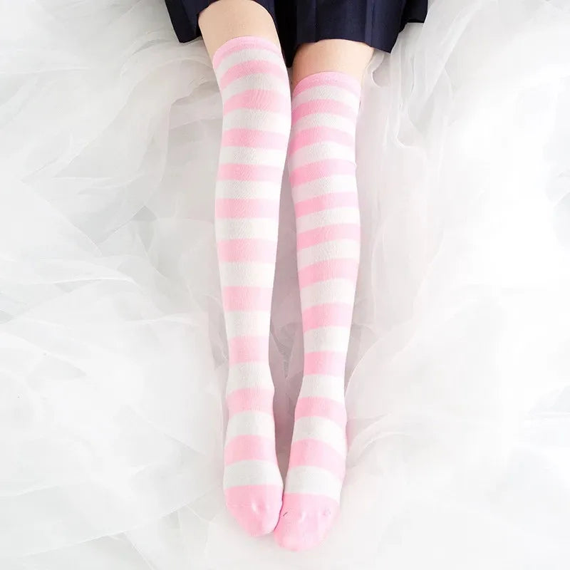 Lbsfy Black Pink Blue Lolita Striped Stockings For Women Lovely School Girls Knee High Long Stockings Cosplay Anime Student Socks