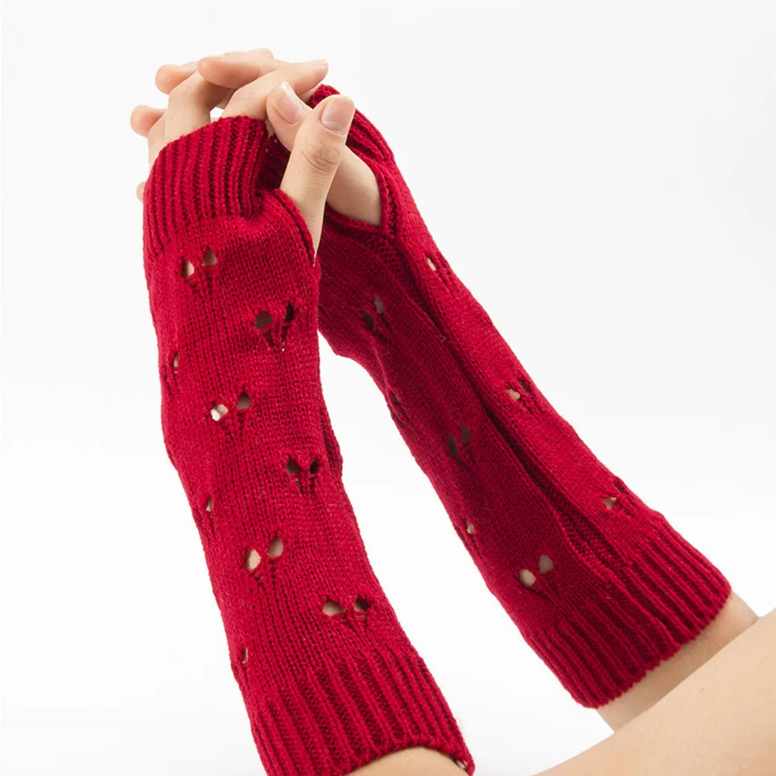 Lbsfy New Warmer Winter Women Gloves Stylish Hand Gloves Girl Arm Crochet Knitting Hollow Heart Mitten Warm Fingerless Gloves