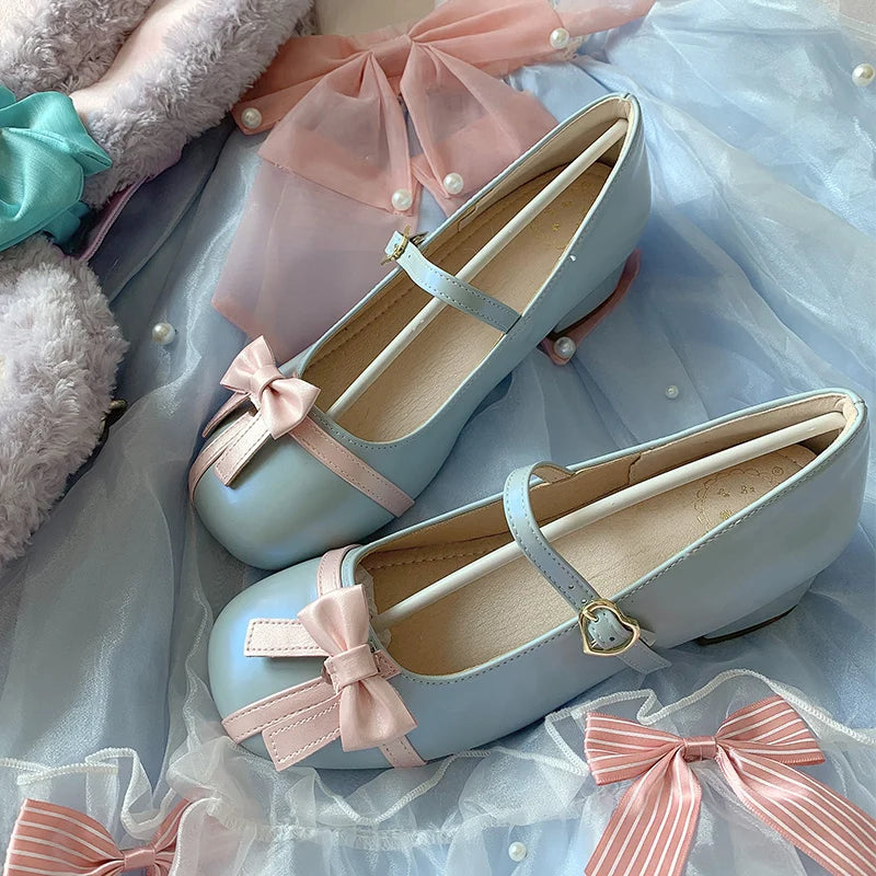 LBSFY  - Kawaii Sweet Lolita Shoes Round Head Mid Heel Cute Pu Leather Anime Sweet Harajuku Bow Princess Tea Party Women Dress Shoe