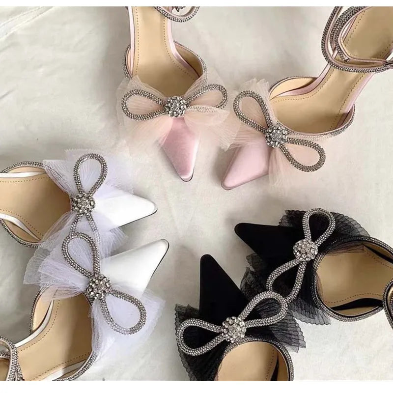 LBSFY  -  Brand Fashion Big Bowknot Women Pumps Luxury Crystal Satin High heels Party Prom Shoes Ankle Strap Summer Wedding Bridal Shoes