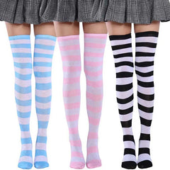Lbsfy Black Pink Blue Lolita Striped Stockings For Women Lovely School Girls Knee High Long Stockings Cosplay Anime Student Socks
