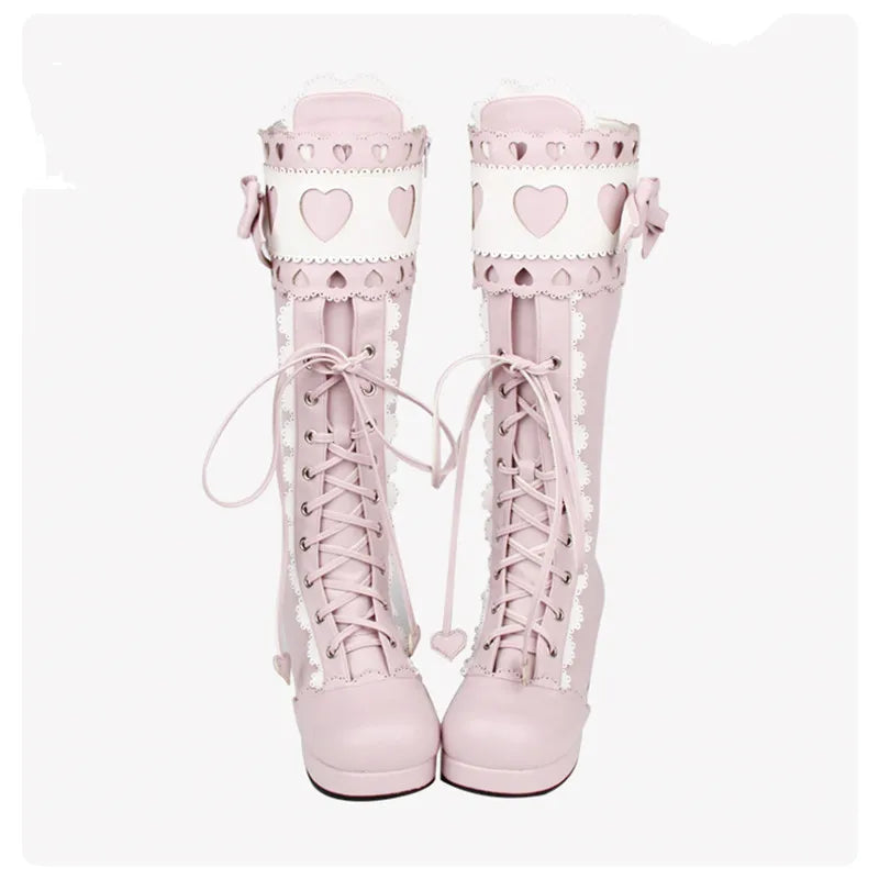 LBSFY  -  Classic Women's Boots LOLITA Block Heels Princess Boots Bowknot Love Lace Lolita PU High Boots Sweet Cos Loli Shoes