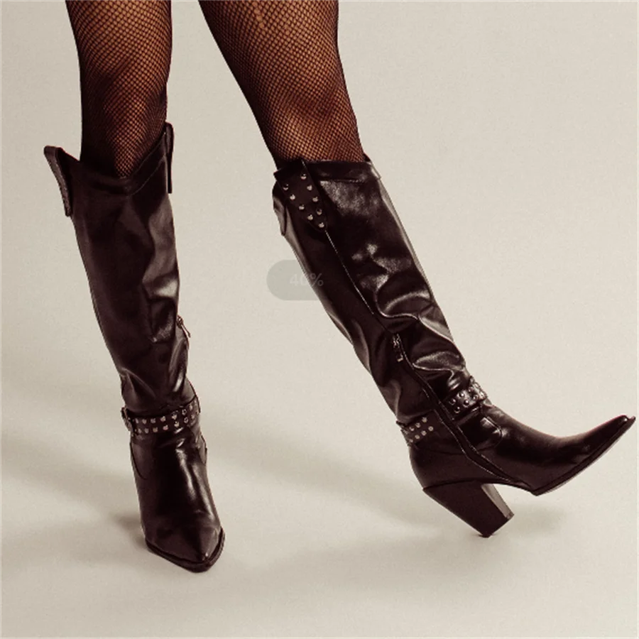 LBSFY  -  Women Pointed Toe Knee High Boots Metal Decoration Zipper Belt Buckle Black Chunky Low Heels Causal Big Size Boots