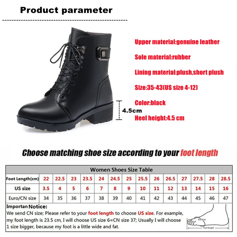 LBSFY  -  Female Ladies Women Genuine Leather Ankle Boots Platform Winter Antumn Plush Fur Warm Shoes Plus Size Lace Up 35-43