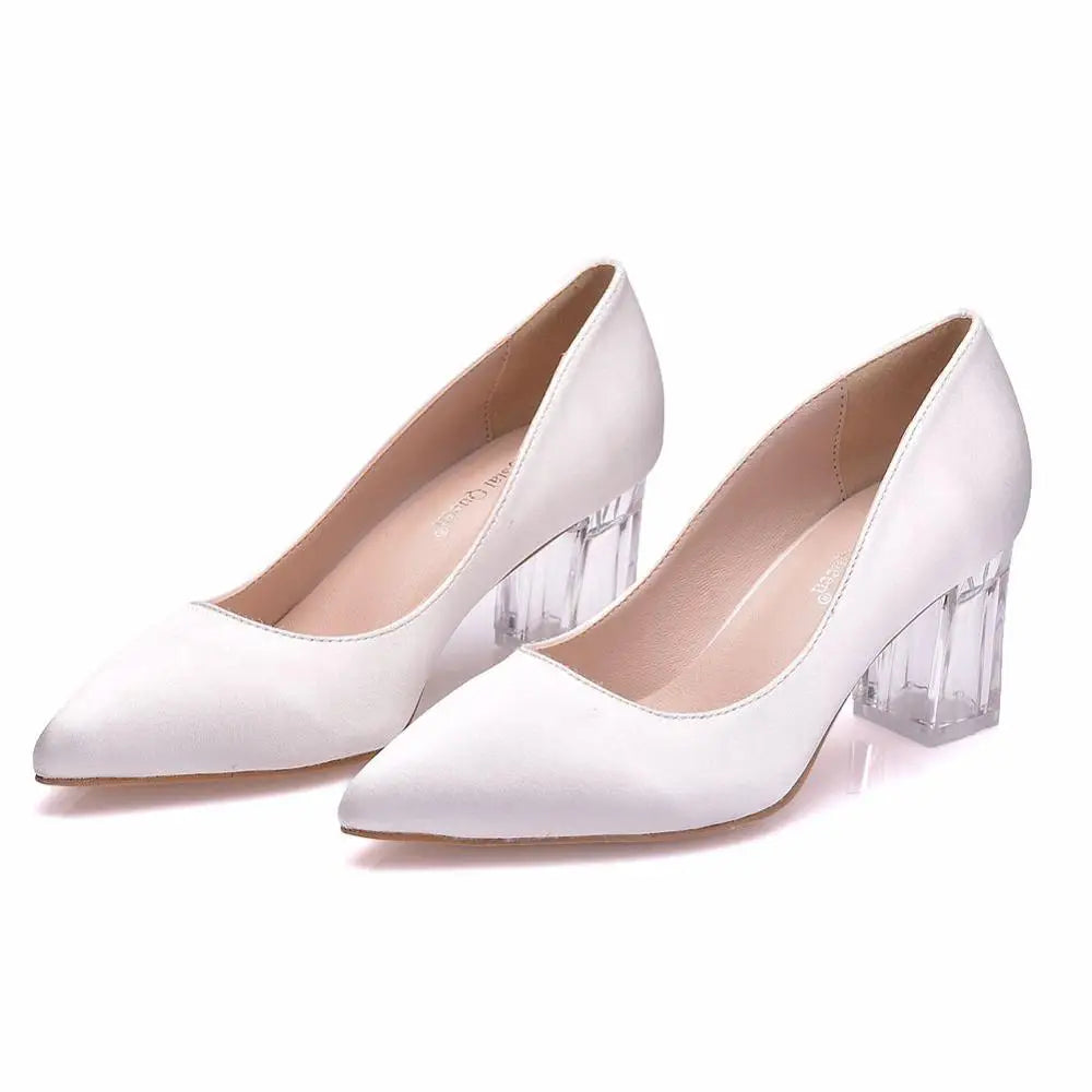 LBSFY  -   Women Block 7cm High Heels Lady Scarpins White Satin Pumps Female Wedding Silk Transparent Dress Shoes
