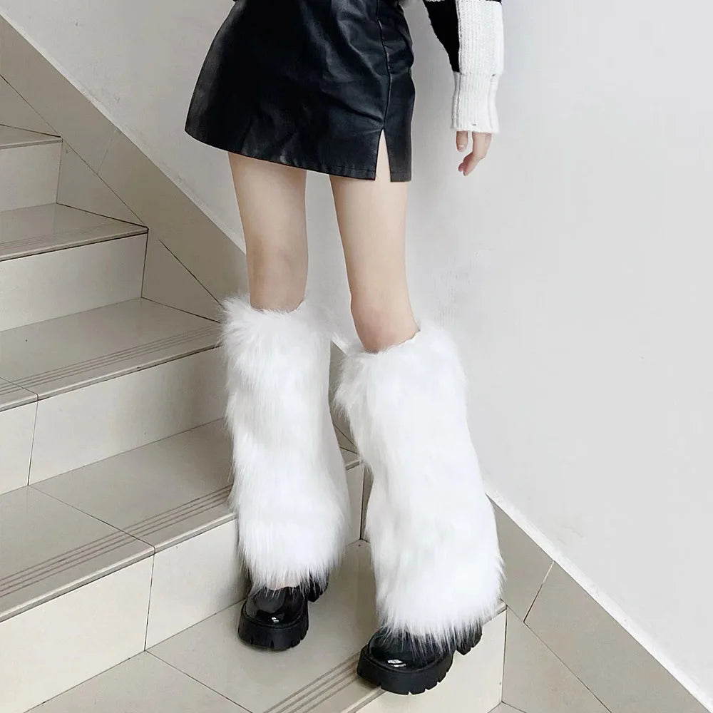 Lbsfy Furry Leg Warmers Y2K Goth White Faux Fur Leg Warmers Boot Covers Lady Cute Jk Knee-length Hipster Warm Sock Fashion Socks