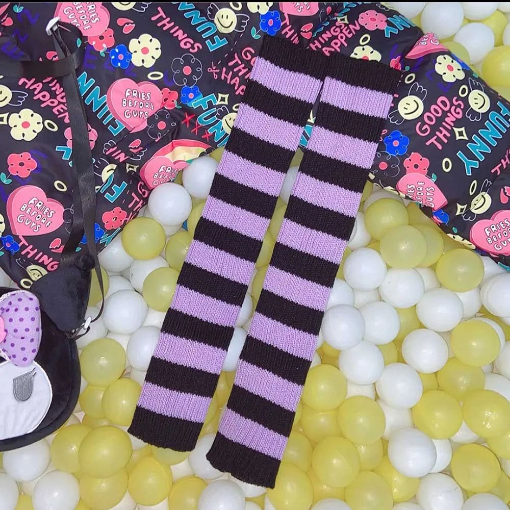 Lbsfy Y2K E-girl Goth Striped Women Leg Warmers 2000s Lady Cute Jk Stretch Knee-length Cool Hipster Warm Knit Sock Fashion Socks