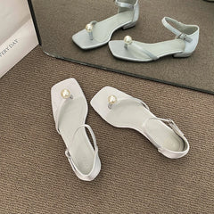 LBSFY  -  Minimalist design with pearl ribbon square toe sandals, versatile one word buckle style women's shoes