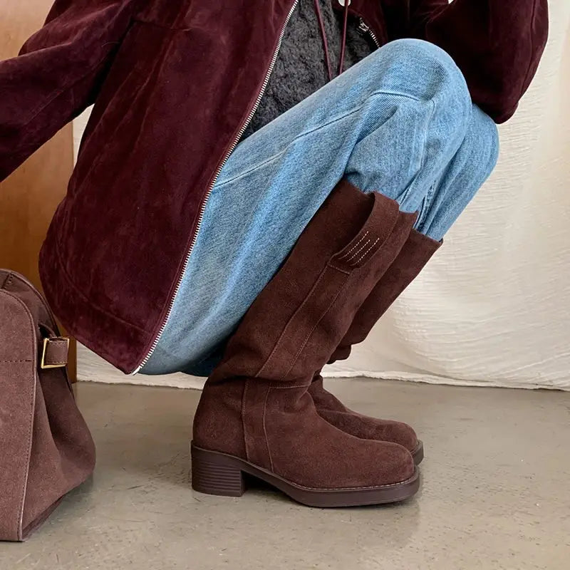 LBSFY  -  Cow Suede Knee High Boots Women Slip On Square Mid Heels Thick Fur Warm Winter Boots Handmade Retro Shoes