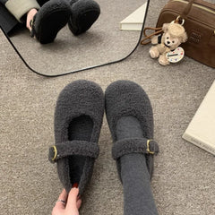 LBSFY -Fashion Round Toe Wool Ballet Flats Woman Concise Warm Plush Loafers Ladies Brand Design Fluffy Mary Jane Shoes in Red Grey