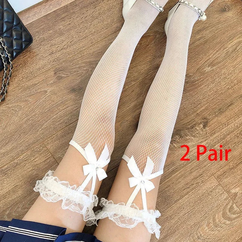 Lbsfy 2 Pair Women Y2K Harajuku JK Long Socks Goth Mesh Stockings Lolita Style Cosplay Girl Sexy Knee Bowknot Thigh High Stockings